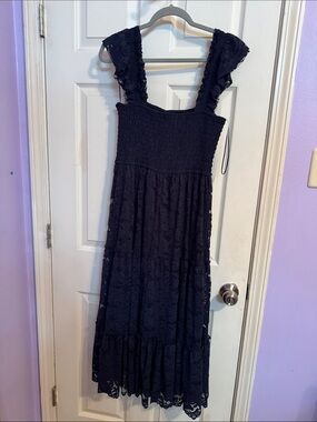 Navy Lace Smocked Midi Dress by Audrey Parks NWT